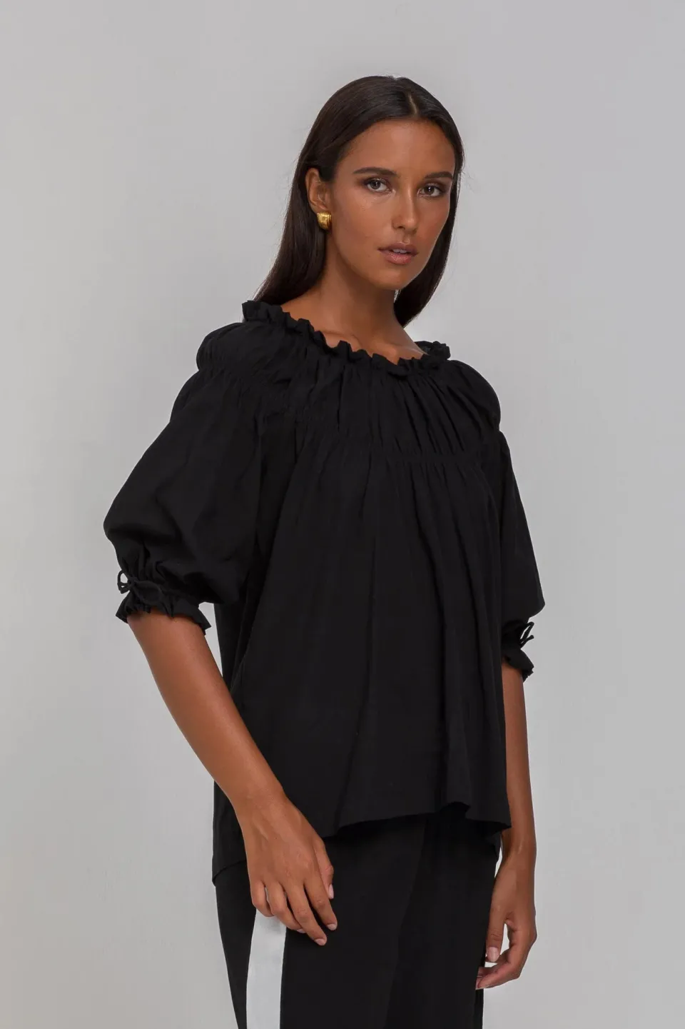 Blak With Hope Black Shirred Neck Mid Sleeve Top