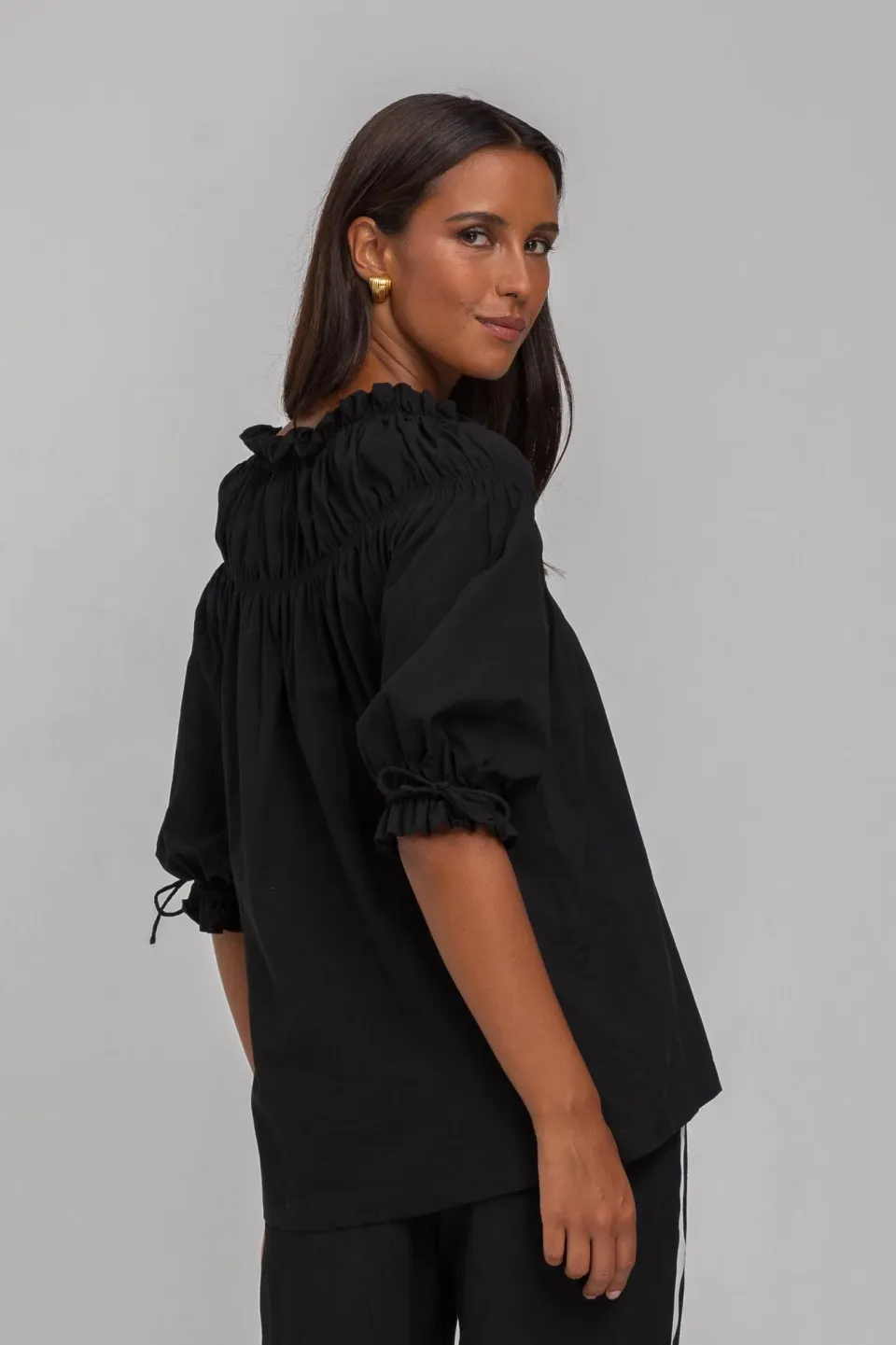 Blak With Hope Black Shirred Neck Mid Sleeve Top