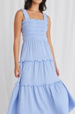Among the Brave Worthy Powder Blue Shirred Tiered Strappy Maxi Dress