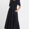 RE:UNION Label Wren Black Poplin SS Shirred Bodice Midi Dress