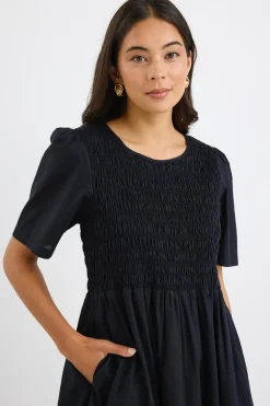 RE:UNION Label Wren Black Poplin SS Shirred Bodice Midi Dress