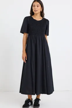 RE:UNION Label Wren Black Poplin SS Shirred Bodice Midi Dress