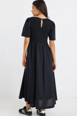 RE:UNION Label Wren Black Poplin SS Shirred Bodice Midi Dress
