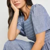 RE:UNION Label Wren Chambray Blue SS Shirred Bodice Midi Dress
