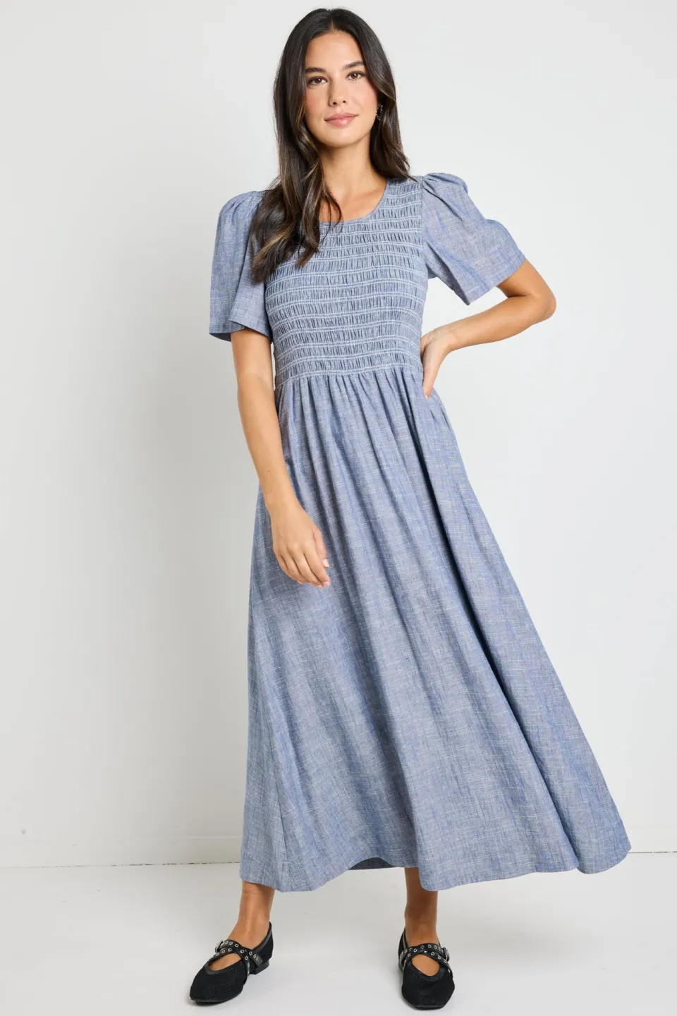 RE:UNION Label Wren Chambray Blue SS Shirred Bodice Midi Dress