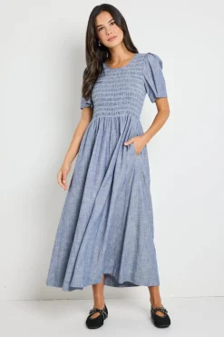 RE:UNION Label Wren Chambray Blue SS Shirred Bodice Midi Dress