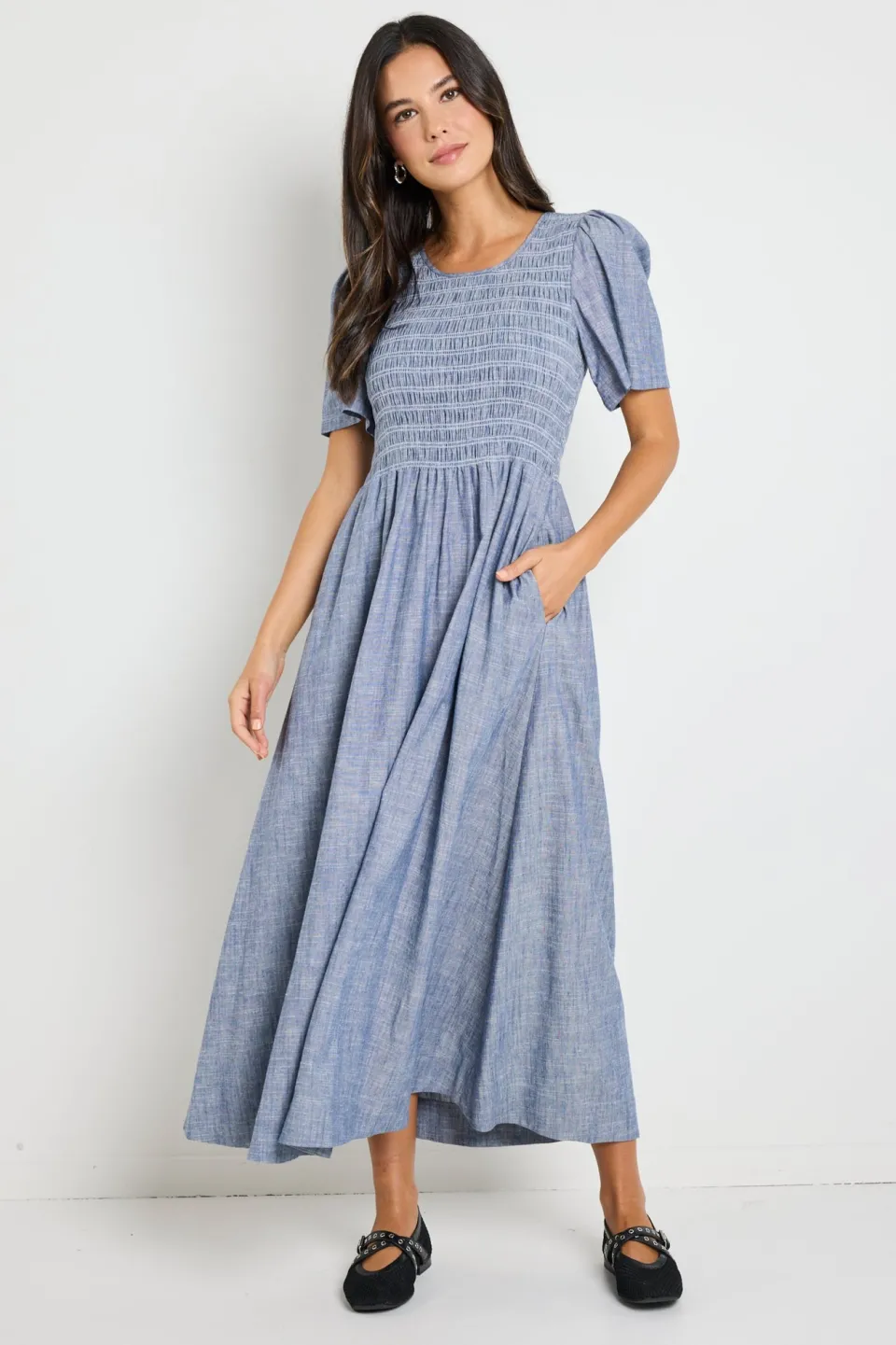 RE:UNION Label Wren Chambray Blue SS Shirred Bodice Midi Dress