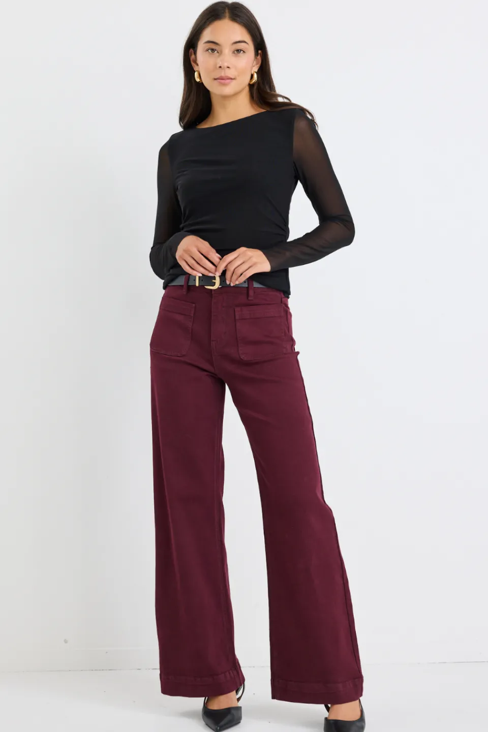 Among the Brave Zoey Burgundy High Rise Wide Leg Pocket Jean