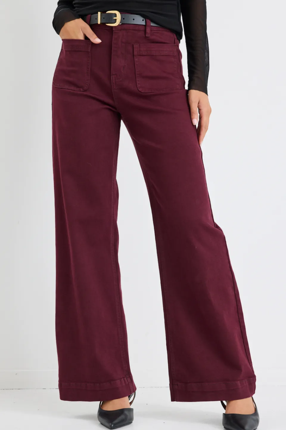 Among the Brave Zoey Burgundy High Rise Wide Leg Pocket Jean