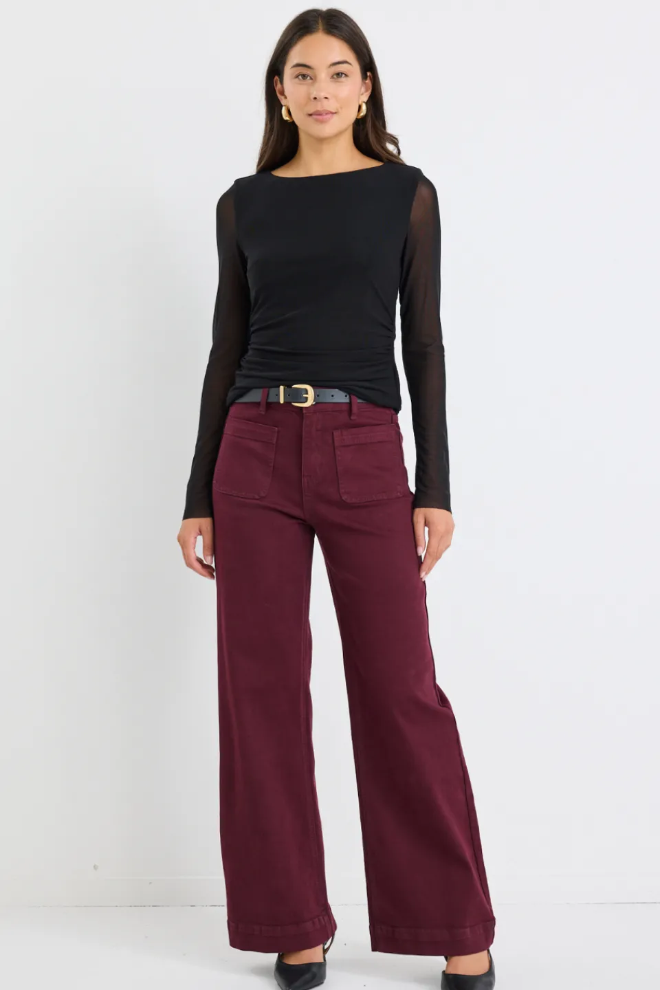 Among the Brave Zoey Burgundy High Rise Wide Leg Pocket Jean