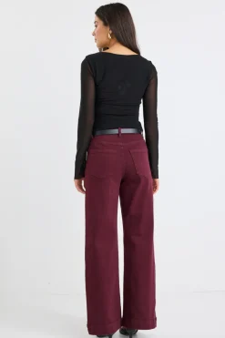 Among the Brave Zoey Burgundy High Rise Wide Leg Pocket Jean