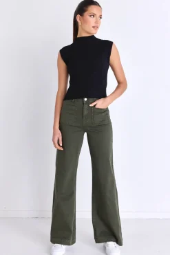 Among the Brave Zoey Dark Khaki High Rise Wide Leg Pocket Jean
