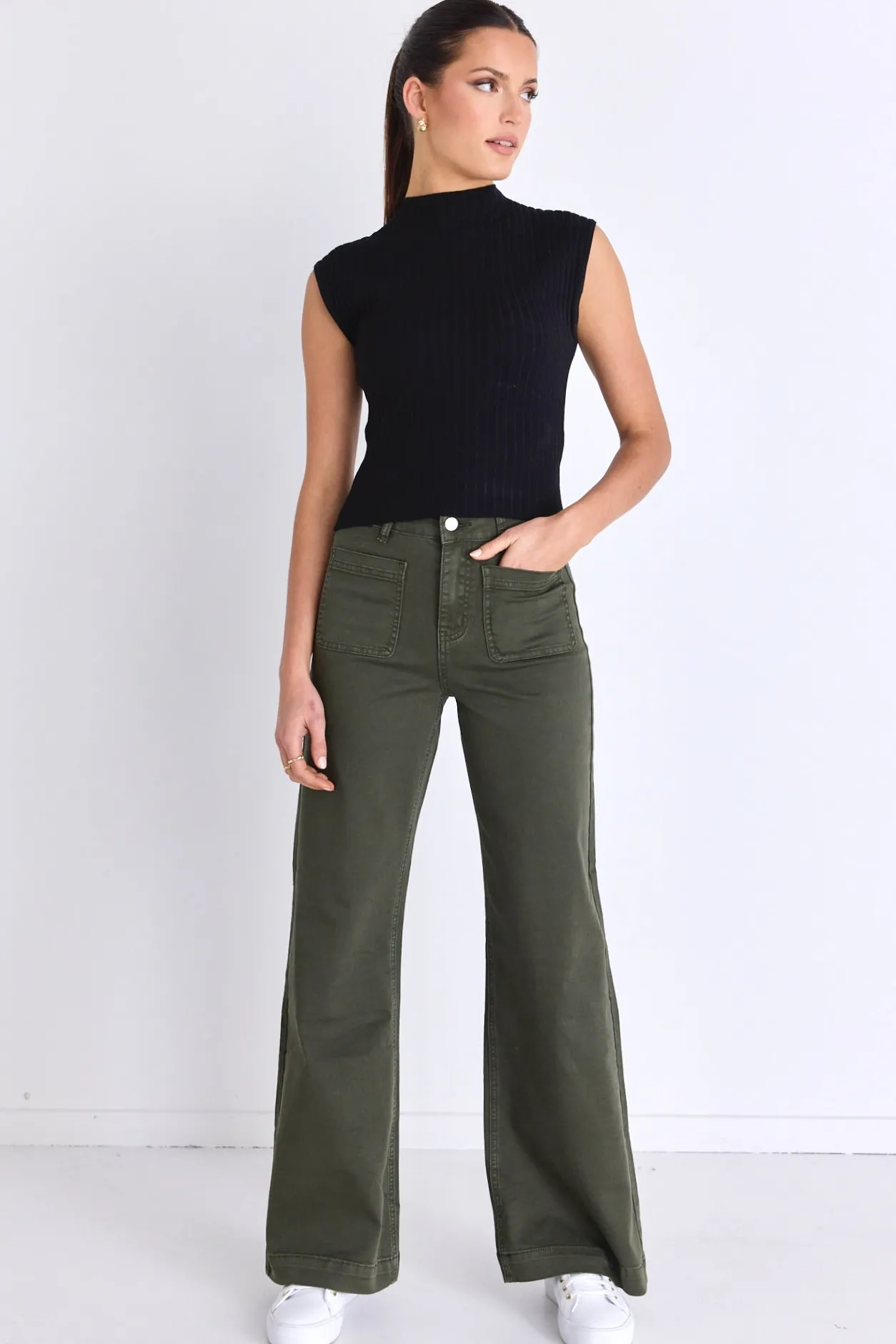 Among the Brave Zoey Dark Khaki High Rise Wide Leg Pocket Jean