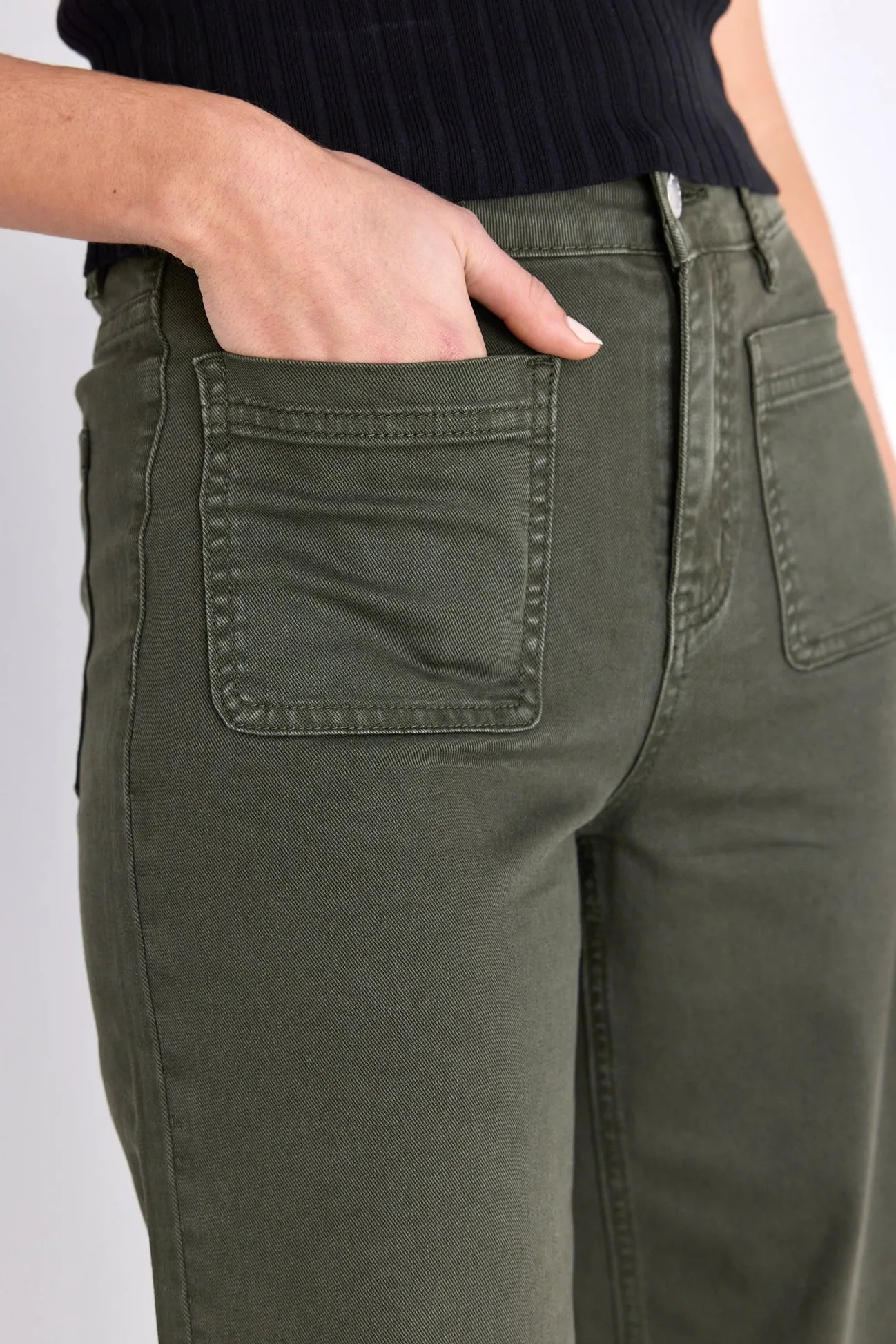 Among the Brave Zoey Dark Khaki High Rise Wide Leg Pocket Jean