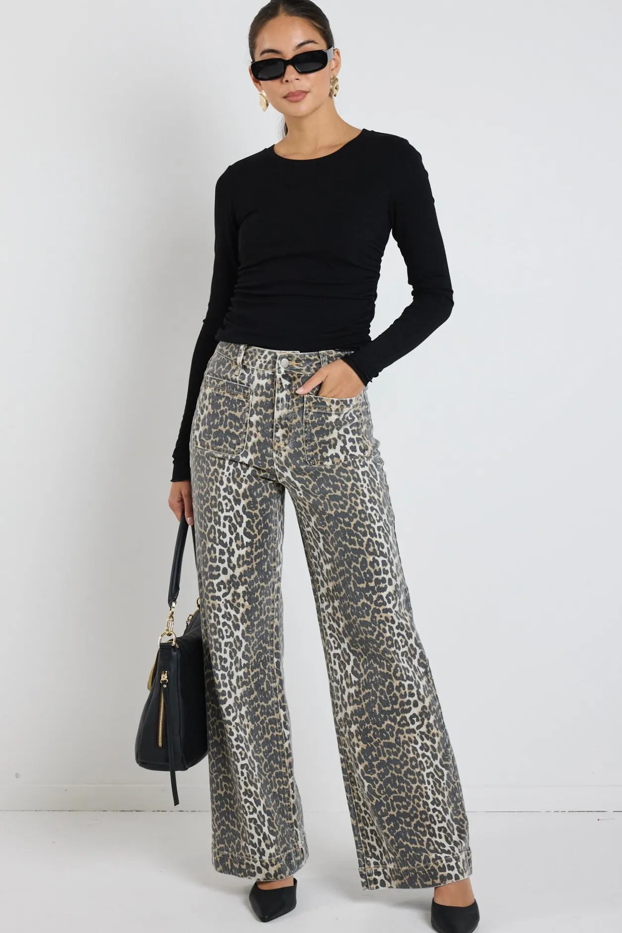 Among the Brave Zoey Leopard High Rise Wide Leg Pocket Jean