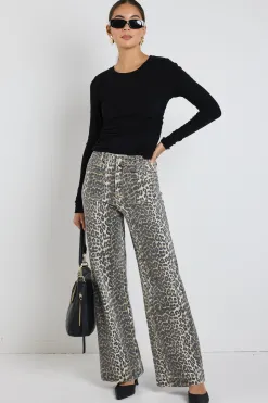 Among the Brave Zoey Leopard High Rise Wide Leg Pocket Jean