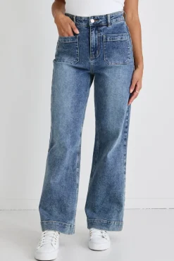 Among the Brave Zoey Mid Blue High Rise Wide Leg Pocket Jean